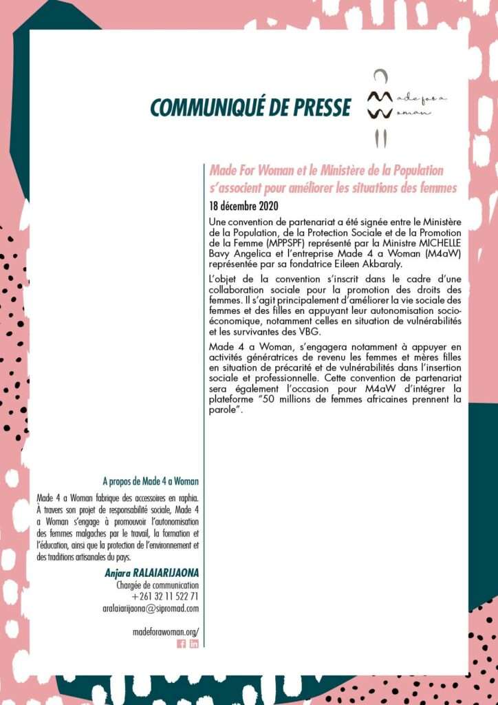 Made for Woman et le Ministère de la Population s'associent pour améliorer les situations des femmes.