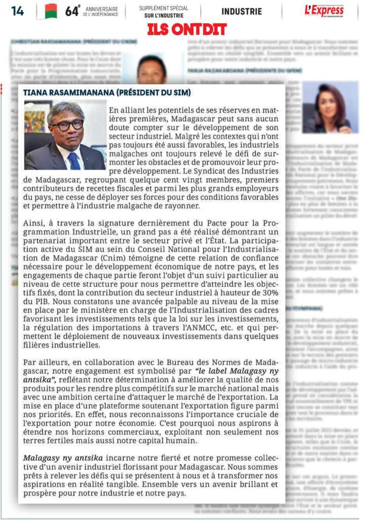 Mots du Président du SIM - Magazine l'Express de Madagascar : 