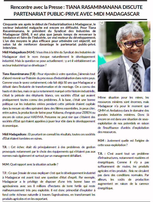 Rencontre avec la Presse : TIANA RASAMIMANANA DISCUTE PARTENARIAT PUBLIC-PRIVE AVEC MIDI MADAGASCAR