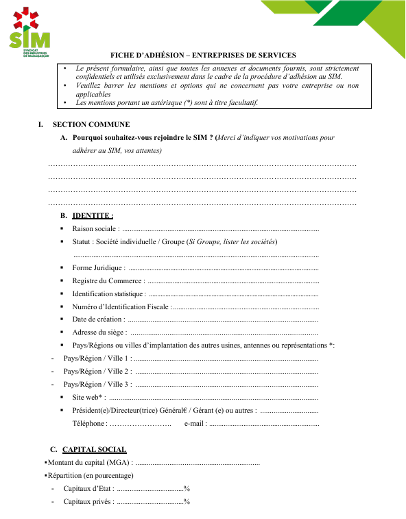 Fiche d'Adhésion et Annexe - SIM